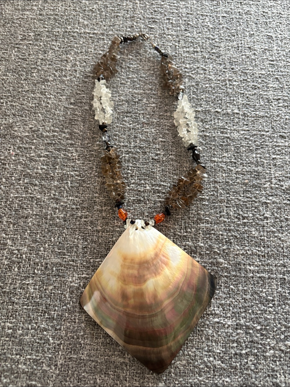 Handcrafted Shell Pendant Necklace with Smoky and White Bead Accents